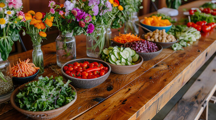a build-your-own salad bar, featuring bowls of mixed greens, cherry tomatoes, cucumbers, carrots, nuts, seeds, and various dressings, arranged on a long, rustic wooden table with fresh flowers in smal