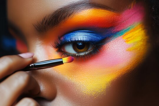 Vibrant makeup artistry showcasing bold colors applied around the eye at a creative studio during a makeup application session
