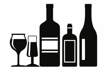 alcohol bottle and glass silhouette, beer silhouette, glass beer bottle icon