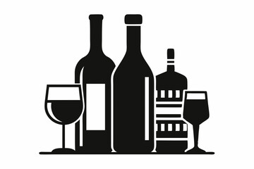 alcohol bottle and glass silhouette, beer silhouette, glass beer bottle icon