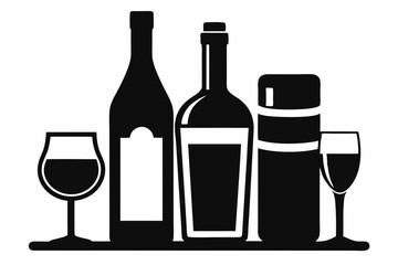 alcohol bottle and glass silhouette, beer silhouette, glass beer bottle icon