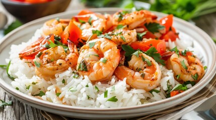 Shrimp On Rice. A Delicious Plate of Garlic Shrimp on Bed of Rice with Fresh Tomatoes