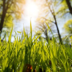 Low angle view of green grass field in a garden landscape view on sunlight sky background