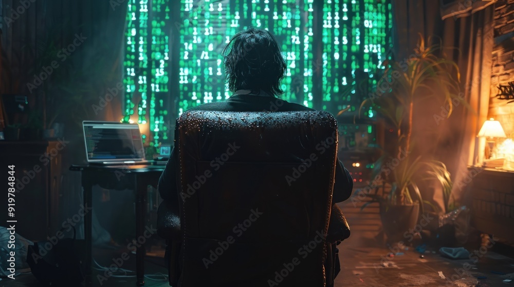Aufkleber hacker in a dimly lit room with a green screen displaying code