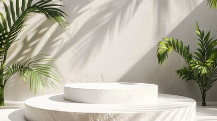 Podiums with white texture on clean backdrop showcase tropical products.