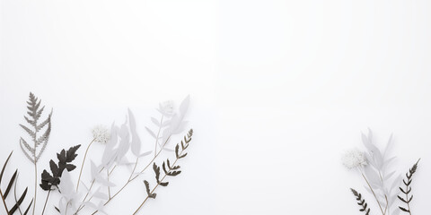 Białe gładkie tło pod baner, grafikę z napisami. Zielone rośliny, gałązki i liście kwiatów. Widok z góry
