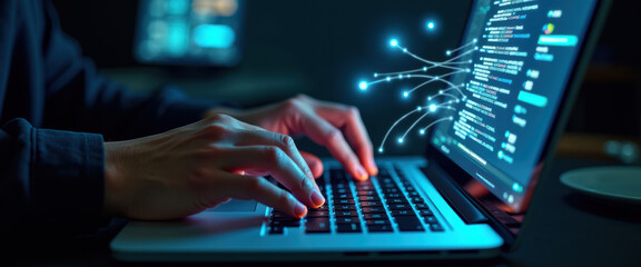 Programmer Hands Typing Code on Laptop with Network Connection, Coding and Data Transfer Concept