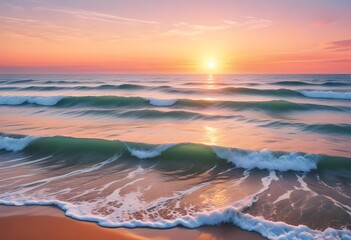 A serene ocean landscape with calm, rippling waves reflecting the warm, pastel-colored sky and bright sun in the distance