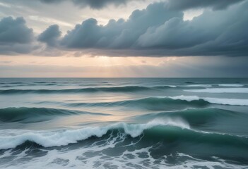 Obraz premium A serene ocean landscape with calm, rippling waves reflecting the warm, pastel-colored sky and bright sun in the distance