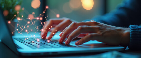 Close-up of Hands Typing on Laptop Keyboard, Showing Connection Network, Technology Concept