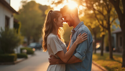 Fototapeta premium Couple in love, Romance, Sunset, Golden Hour, Young, Happy, Romantic, Dating, Warm, Hugs. Embrace of Relationship, Love and Affection