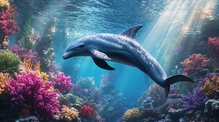 Naklejka premium A serene underwater scene featuring a playful dolphin swimming amongst vibrant coral reefs and ocean sunlight.