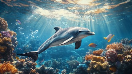 A dolphin gracefully swims among vibrant coral reefs, with sun rays illuminating the clear blue water.