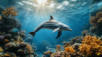 Obraz premium A dolphin gracefully swims through a vibrant coral reef, illuminated by rays of sunlight filtering through clear blue water.