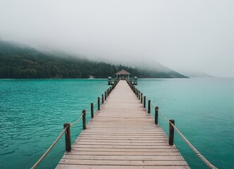 A Beautiful Serene Lake View Featuring a Wooden Pier Set Within a Misty Landscape Scene