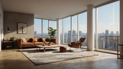Fototapeta premium modern open living room with panoramic view and floor-to-ceiling windows