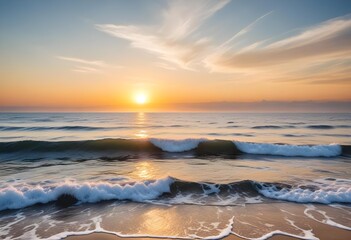 Obraz premium A serene ocean landscape with calm, rippling waves reflecting the warm, pastel-colored sky and bright sun in the distance