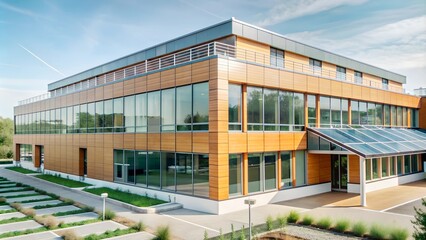 Obraz premium Contemporary Corporate Building with Glass and Wood Facade, Sustainable Design