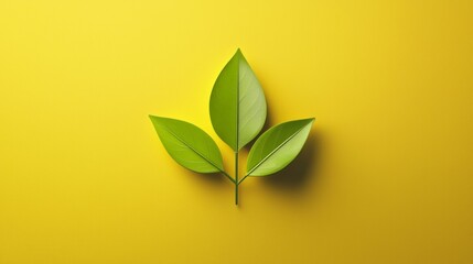 a green leaf on yellow background