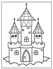 Halloween Vampire's Castle, Halloween Coloring pages for Kids, black and white