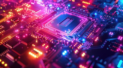 Fototapeta premium Close-up of a circuit board with glowing red and blue lights, highlighting the central processor.