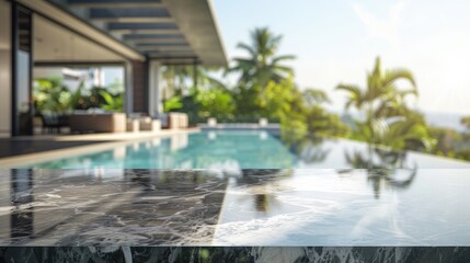 Marble table in elegant villa with blurred pool backdrop