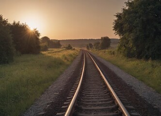 Fototapeta premium The sun is slowly setting behind the distant train tracks in view