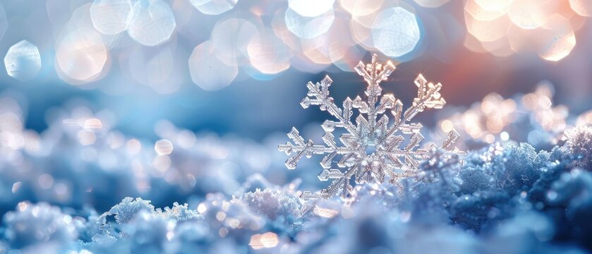 Close-up of a delicate snowflake resting on a bed of soft snow.
