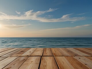 Fototapeta premium Wooden floor or plank on sand beach in summer. For product display.Calm Sea and Blue Sky Background.