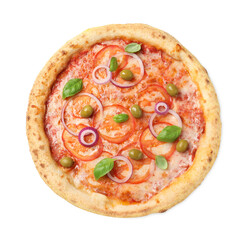 Delicious vegetarian pizza isolated on white, top view