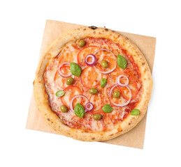 Delicious vegetarian pizza isolated on white, top view