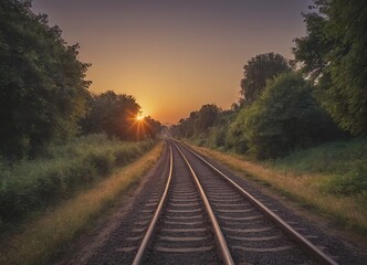 Fototapeta premium The sun is slowly setting behind the distant train tracks in view