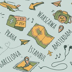 seamless pattern theme of travel, wanderings, camera, maps, cities and capitals of countries, traveler, wayfarer, wanderer, geopoint, navigation, geography