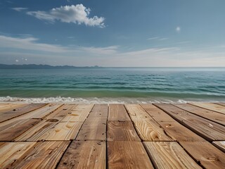 Wooden floor or plank on sand beach in summer. For product display.Calm Sea and Blue Sky Background.