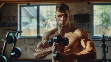 Muscular Man Lifting Weights in Gym