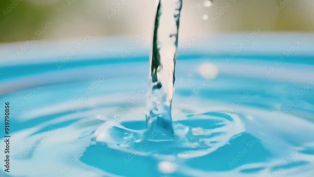 Poster blue water drop drips on the surface with splash and ripples