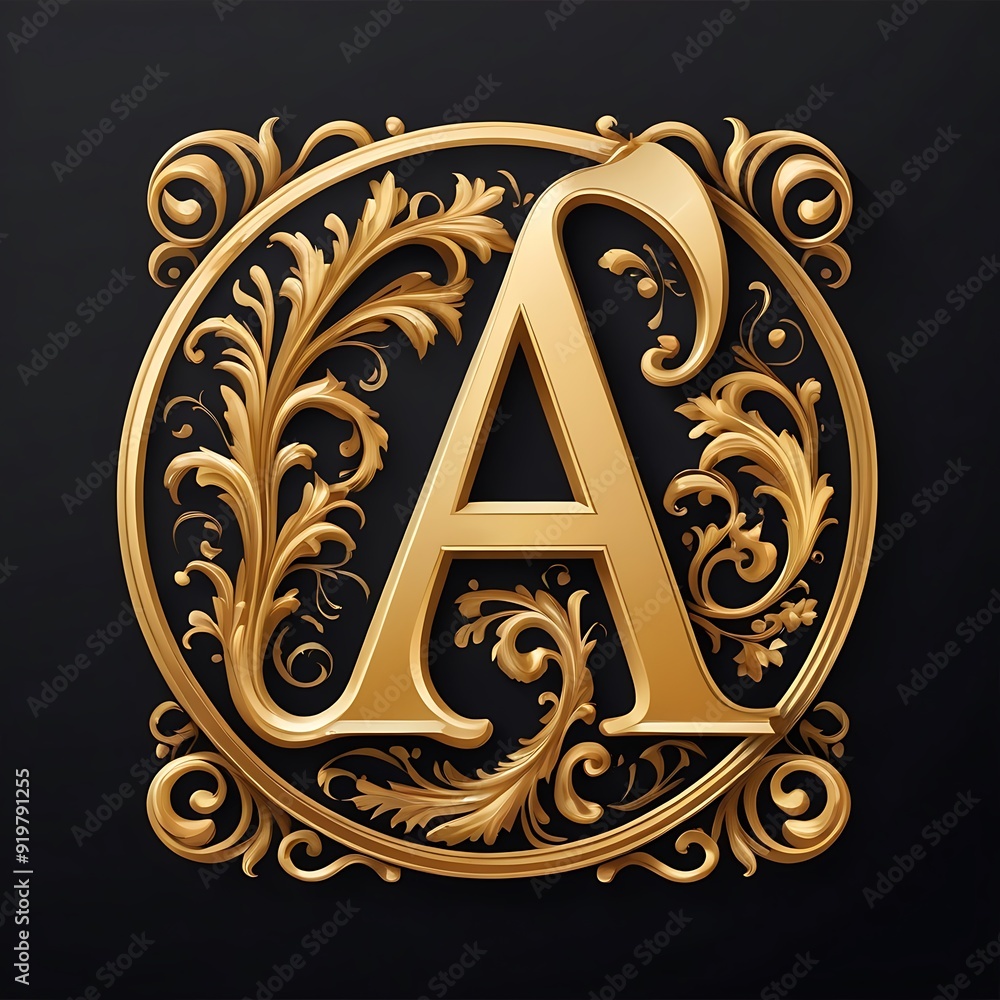 Wall mural a logo design in circle in vintage look , a detailed royal golden design on black background