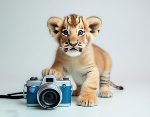 3d paste color full view baby lion holding camera on white background