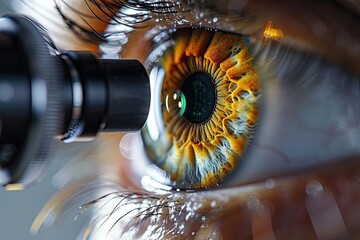 Close-up of a human eye being examined with a medical instrument. The intricate details of the iris are visible.