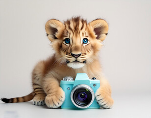 3d paste color full view baby lion holding camera on white background