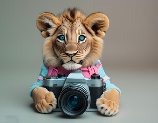 3d paste color full view baby lion holding camera on white background