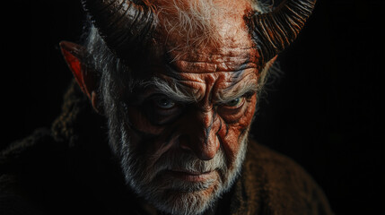 Elderly Man with Horns and Devil Makeup Glaring Intently Against Dark Background