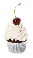 Delicious cupcake with cream and cherry isolated on white