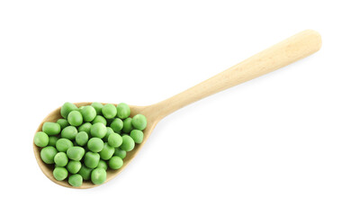 Spoon with fresh green peas isolated on white, top view