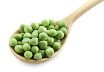 Spoon with fresh green peas isolated on white