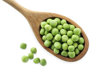 Spoon with fresh green peas isolated on white, top view