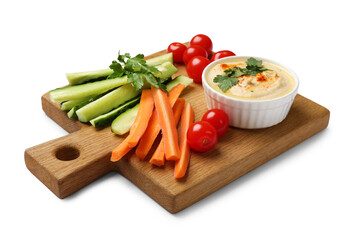 Tasty homemade hummus and different vegetables isolated on white