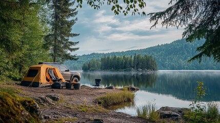 Camping by the lake with a tent