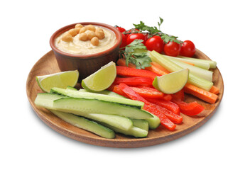 Tasty homemade hummus with chickpeas and different vegetables isolated on white