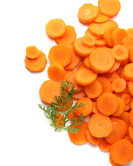 Slices of fresh ripe carrot and green leaf isolated on white, top view
